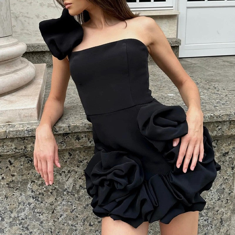 Summer Dress Ruffled Bud Tight Waist One-Shoulder Strapless Hip Dres