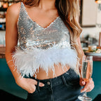 Feather Sequin Deep V Cropped Top