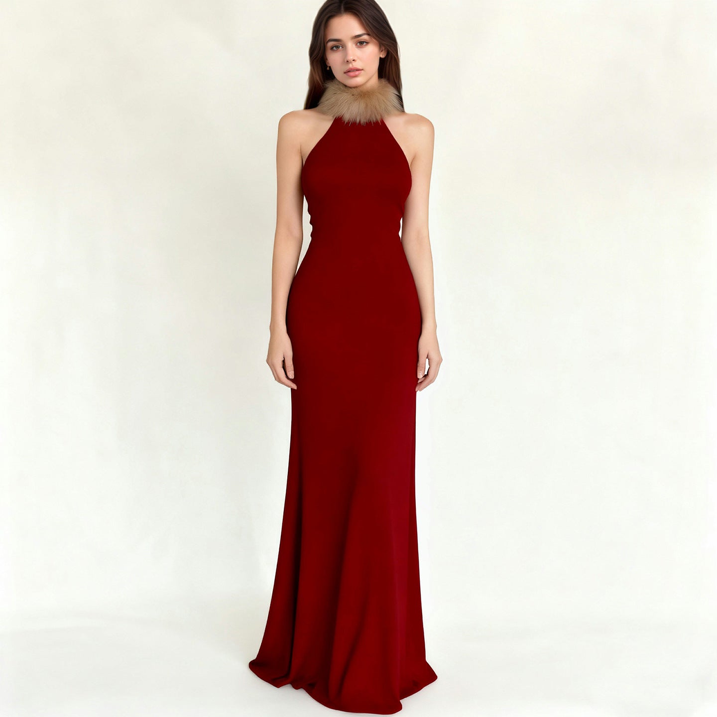 Women's Retro Christmas Red Fur Stitching Contrast Color Vest Maxi Dress Elegant Slim Mop Evening Dress Annual Party Dress