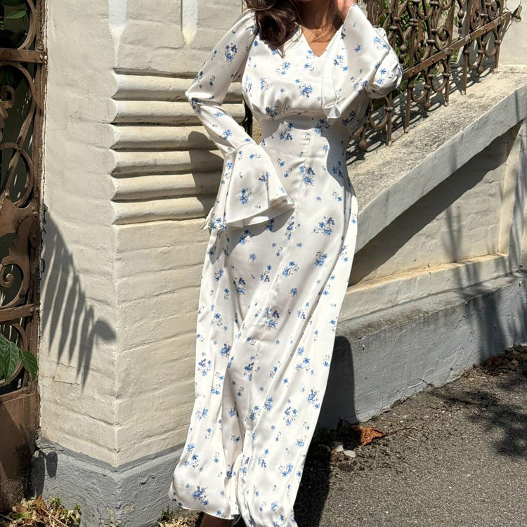 Women's Floral Satin V-Neck A-Line Dress
