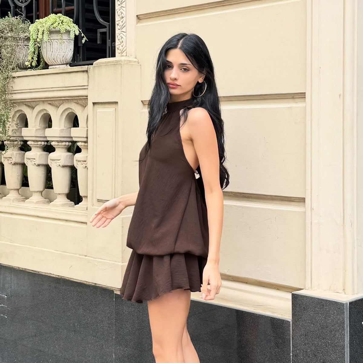Women's Pleated Backless Lace-Up Halter Dress