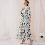 Sweet V-Neck Long-Sleeve Floral-Print High-Waist Lace-Up Maxi Dress