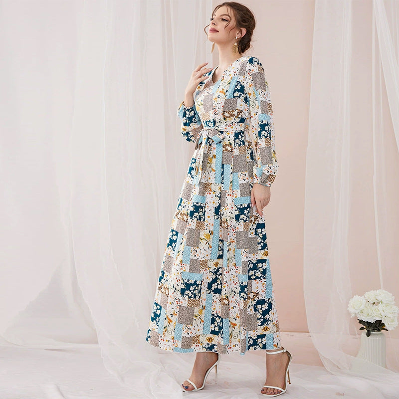 Sweet V-Neck Long-Sleeve Floral-Print High-Waist Lace-Up Maxi Dress