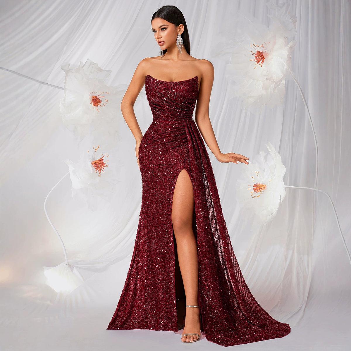 Women's Entry Lux Tube Top Sequined Wine Red Sheath High Dress