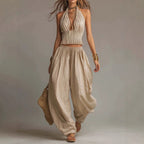 Bohemian Cotton Linen Halter Pleating Short Top Bloomers