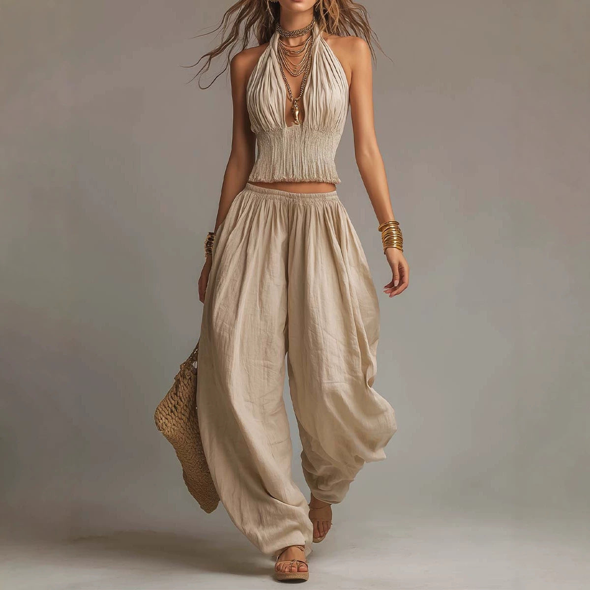 Bohemian Cotton Linen Halter Pleating Short Top Bloomers