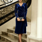 Women's Velvet V-Neck Pleated Wrap Midi Dress