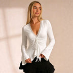 Lace V neck Flared Sleeves Top Women Drawstring Waist