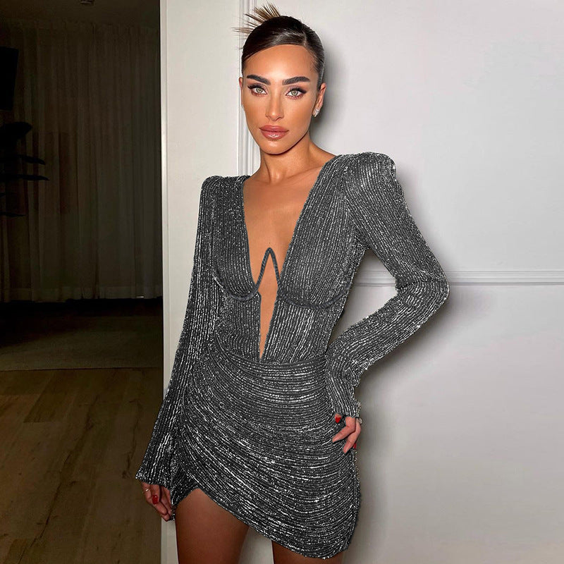 Steel Ring Pleated Long Sleeve Tight Padded Shoulder Deep V