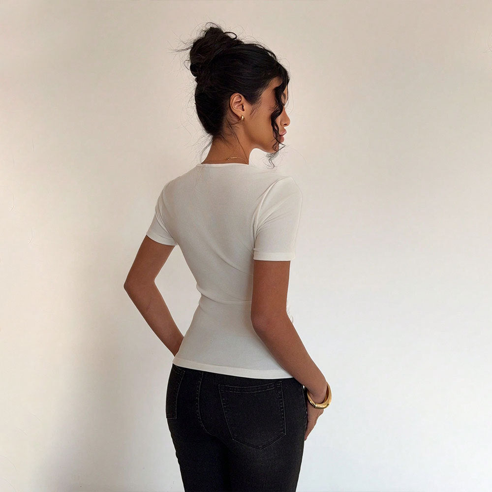 Women's Ribbed Asymmetric Short Sleeve Top