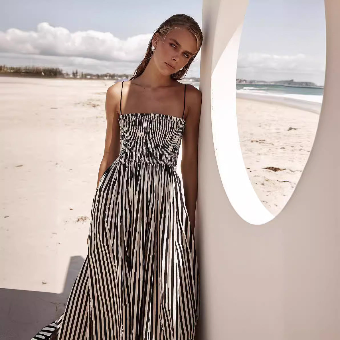 Women's Striped Printed Pocket Sling Dress