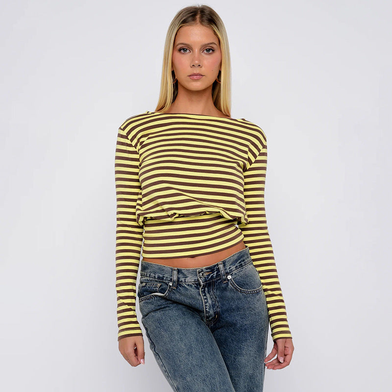 Women’s Yellow Striped Long Sleeve Waist Top