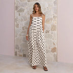 Women's Summer Polka Dot Printed Pleated Craft Sweet Spaghetti Strap Mid Length Dress