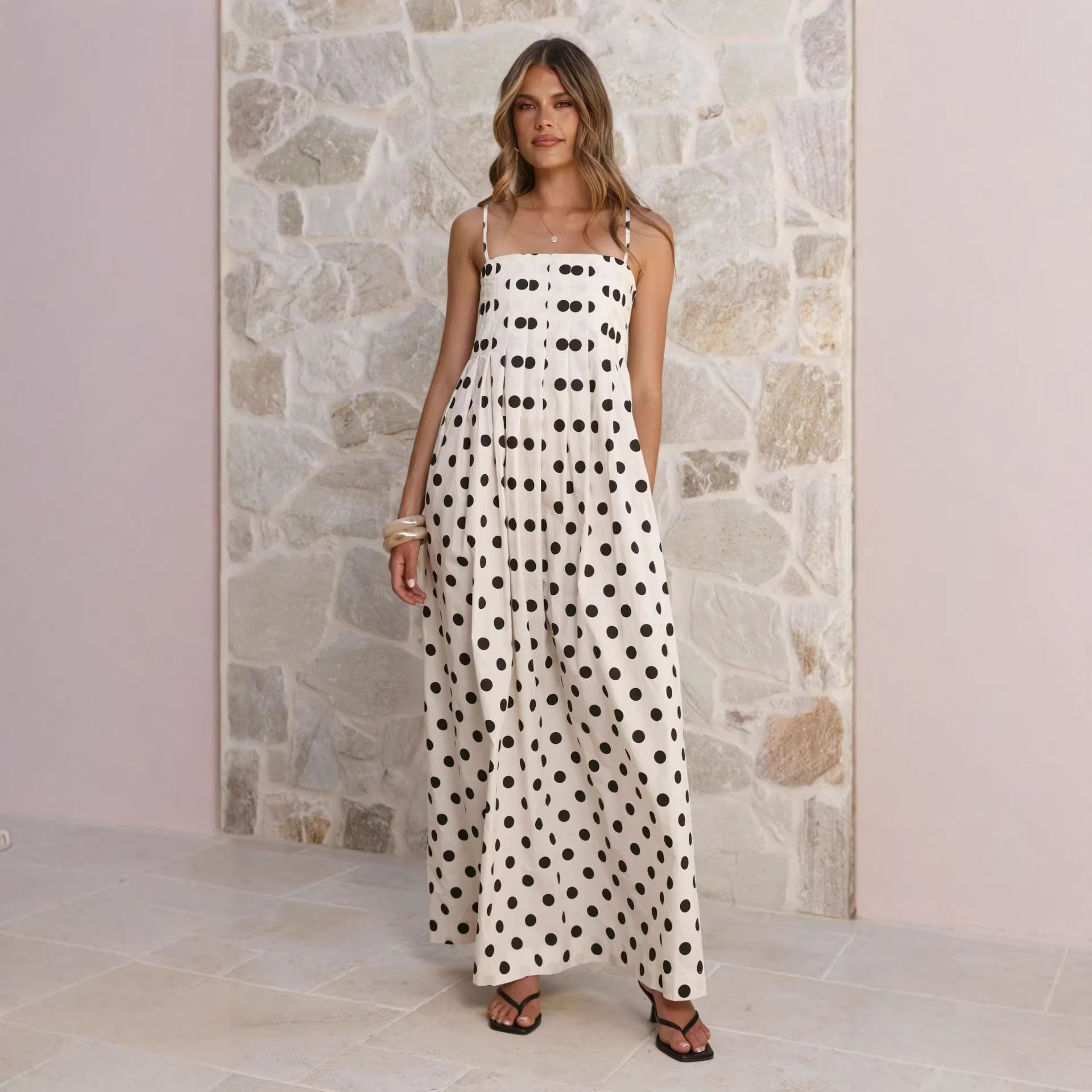 Women's Summer Polka Dot Printed Pleated Craft Sweet Spaghetti Strap Mid Length Dress