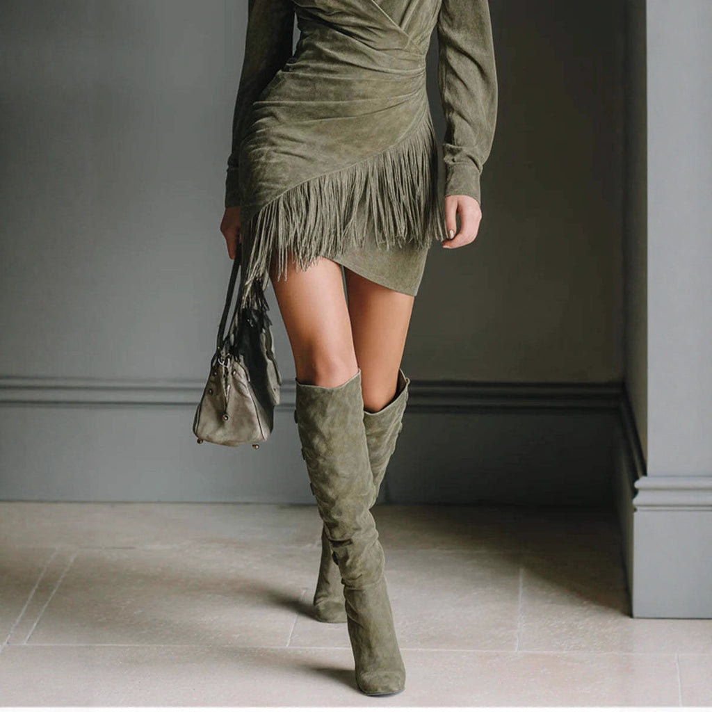 Women's Denim Suede Tassel Long-Sleeve Dress