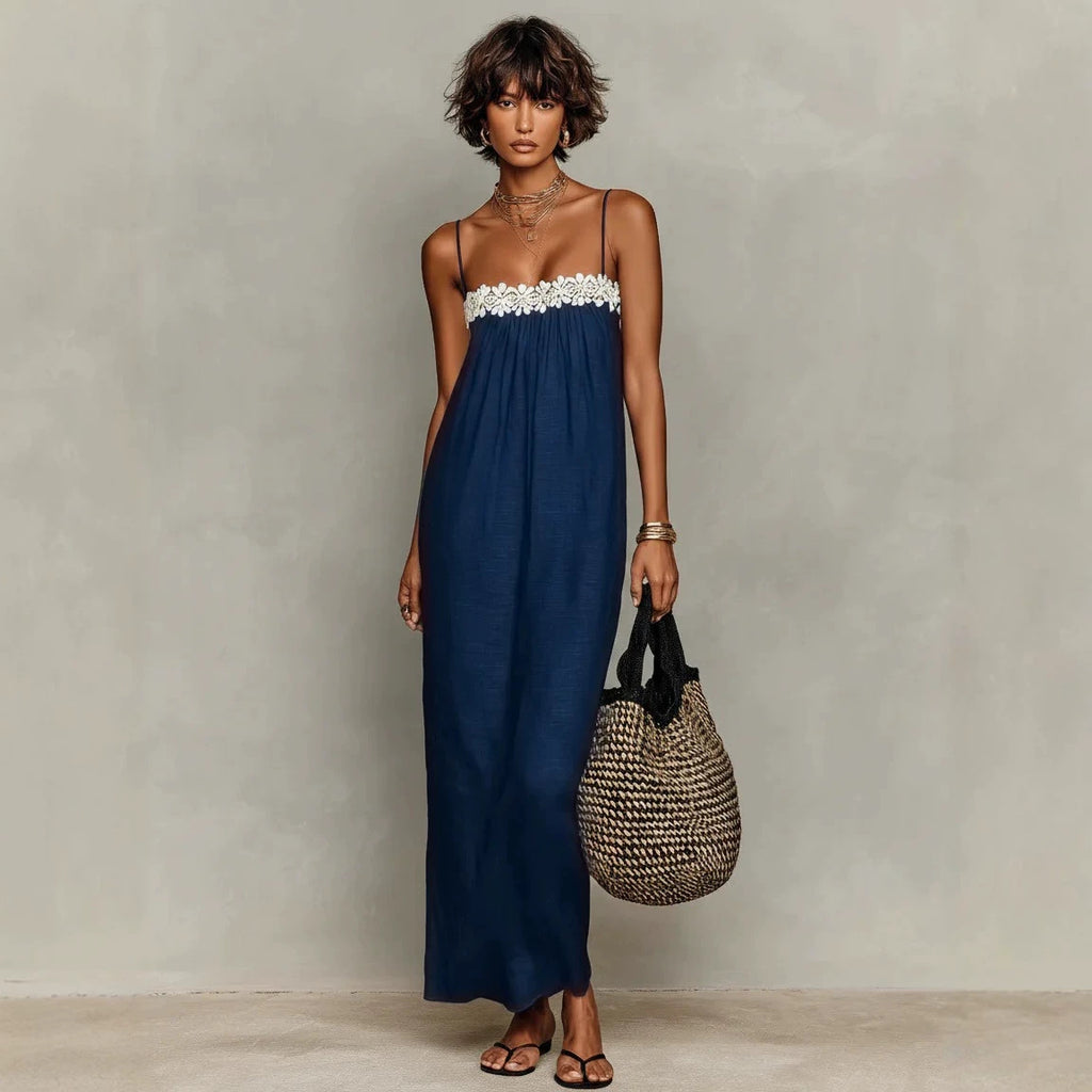 Blue lace-trim maxi sling dress with spaghetti straps, front lace yoke