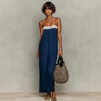 Blue lace-trim maxi sling dress with spaghetti straps, front lace yoke