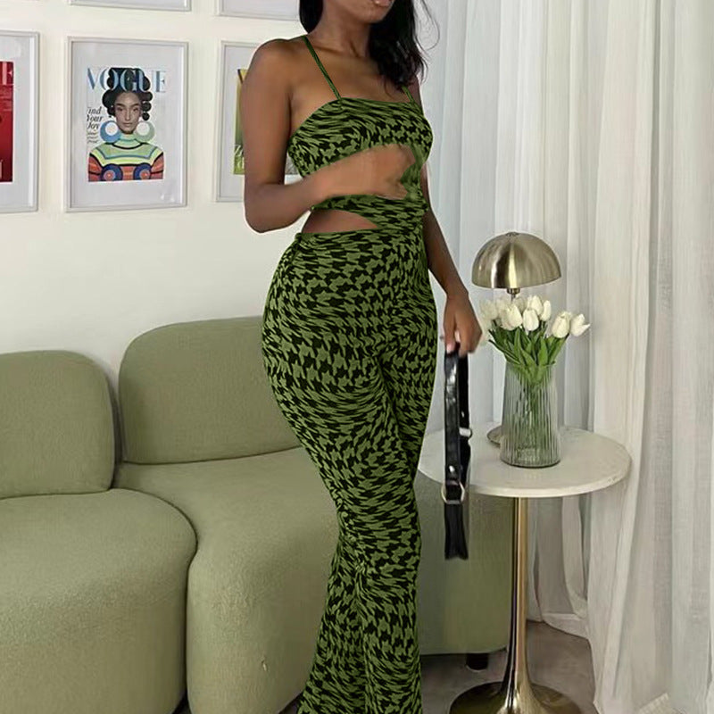 Suit Green Printing Vest Wide Leg Pants Casual Two-Piece Set
