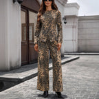 Women's Washed Leopard Print Elegant Denim Long Sleeved Tops Set