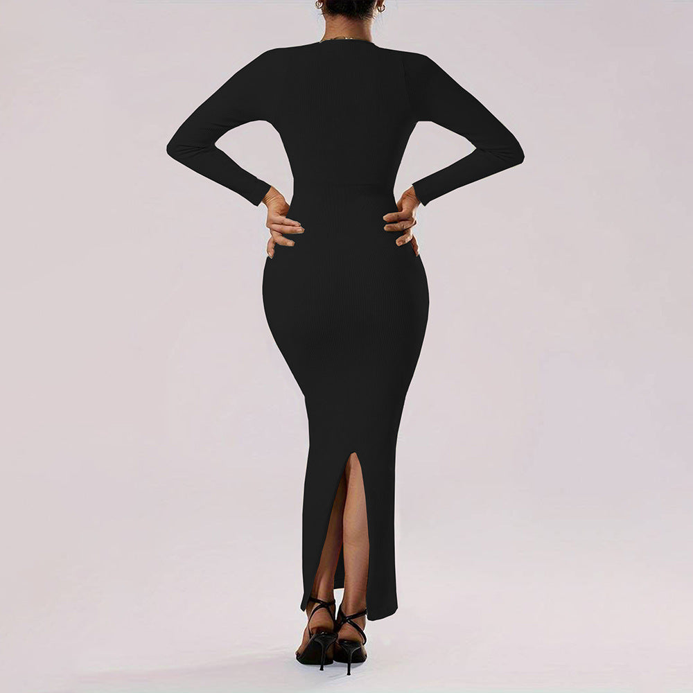 Women's Classic Wind Square Collar Dress Slim Ankle Length Sheath