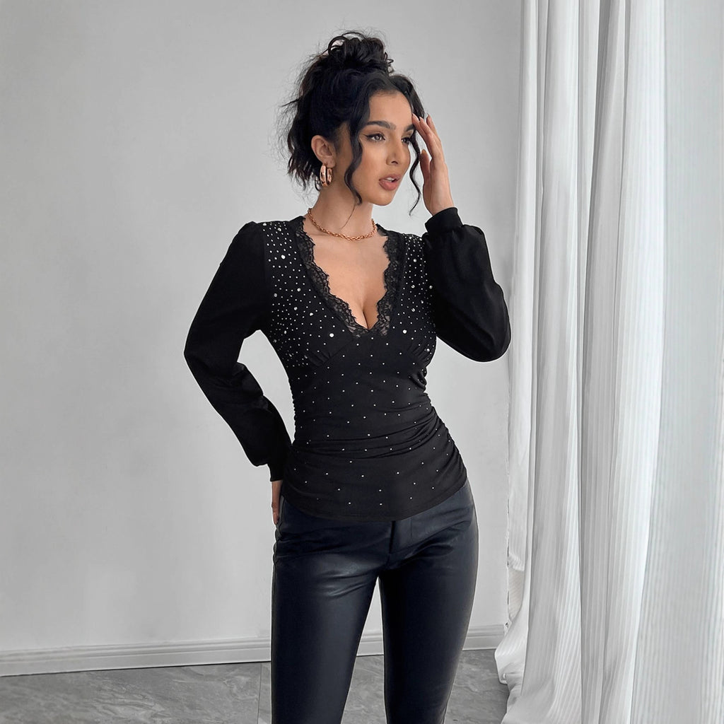 V-Neck Lace Rhinestone Pleated Top