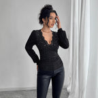 V-Neck Lace Rhinestone Pleated Top