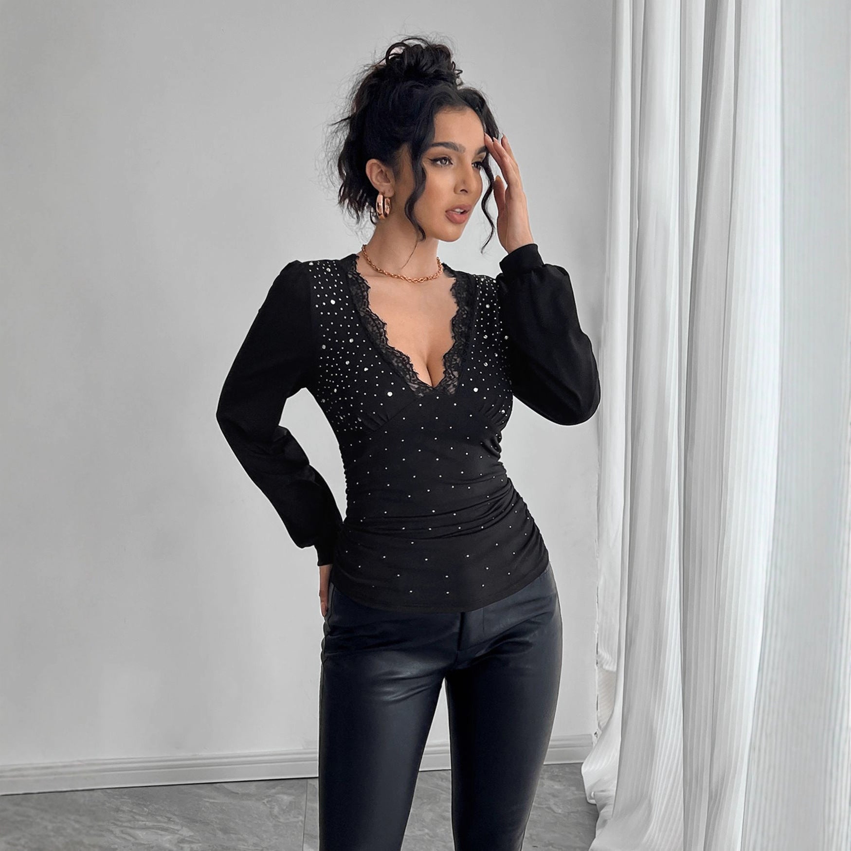 V-Neck Lace Rhinestone Pleated Top