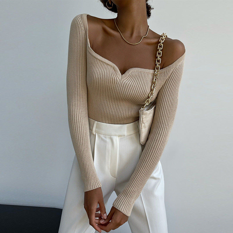 Women's Ribbed Square Neck Long Sleeve Sweater Top