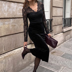 Women's Black Velvet Lace-Panel Split Maxi Dress