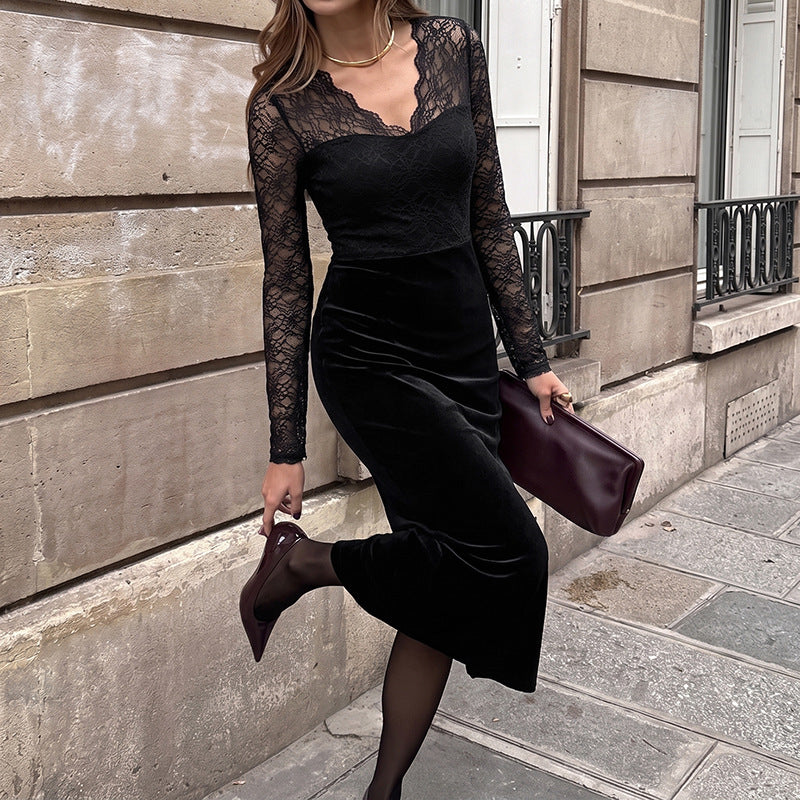 Women's Black Velvet Lace-Panel Split Maxi Dress