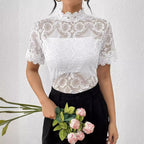 Women's Elegant Solid Color Small Stand Collar Lace Stitching Lace Short Sleeve T Shirt Top Women Clothing