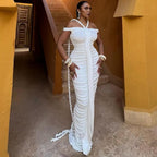 Winter Elegant Graceful Off-Neck Braid Pleated High Waist Figure Flattering Sheath