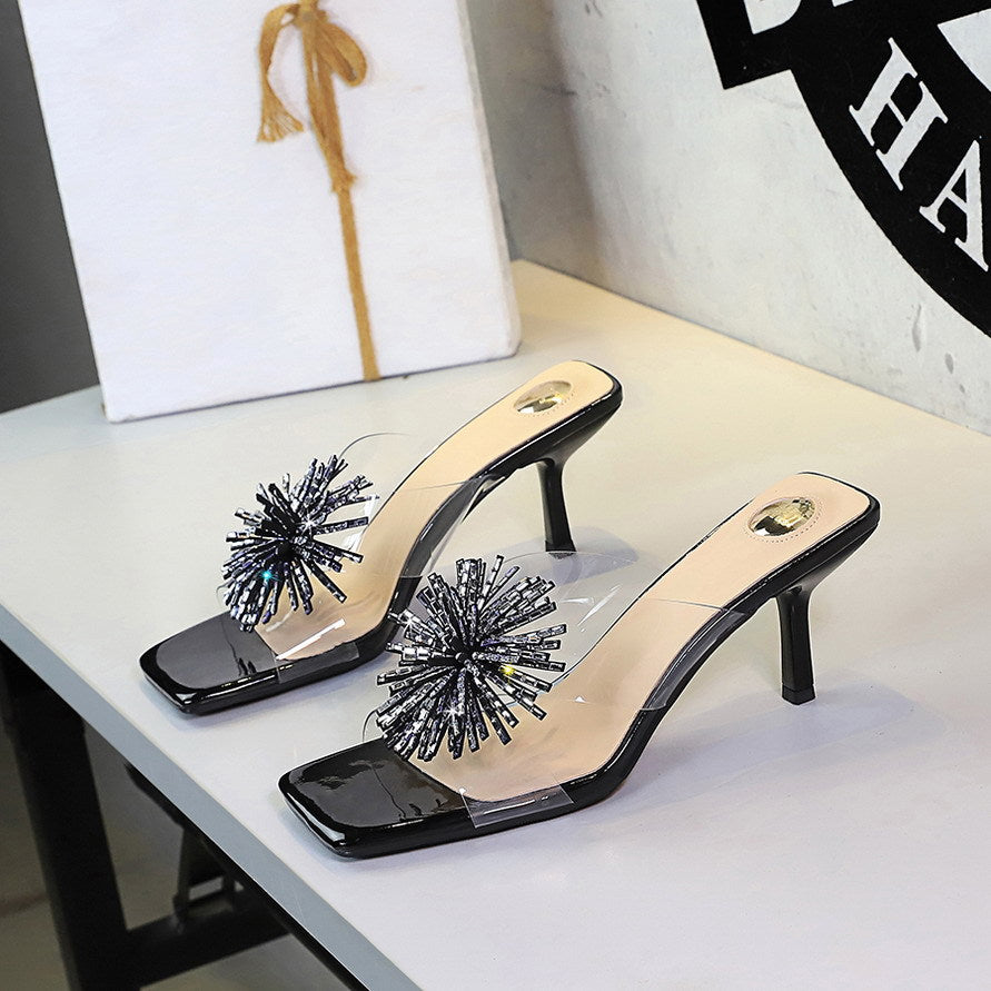 Rhinestone Fireworks Square Toe Open Toe Slippers Transparent Slip On