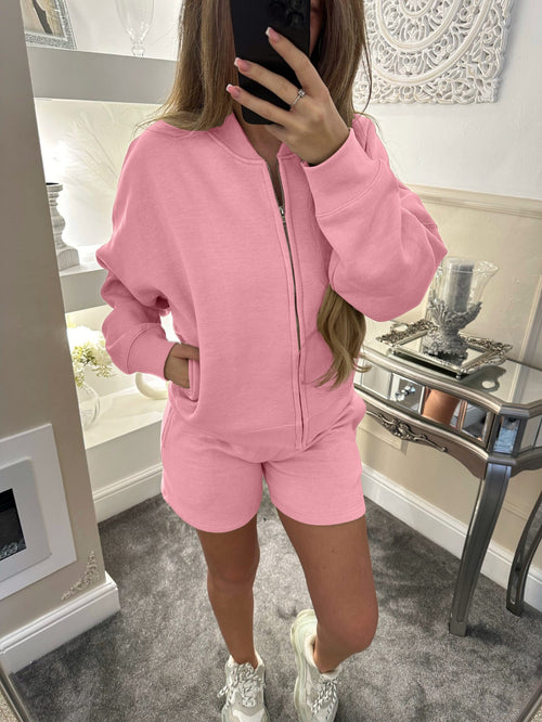 Dark grey zip-front long-sleeve jacket and matching sports shorts set