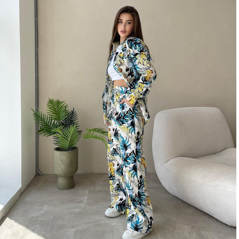 Women's Printed Loose Top High Waist Wide Leg Pants Women's Casual Sets