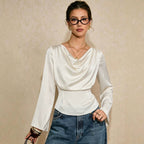 Satin Swing Collar Long-Sleeved Shirt Women Slingback Waist