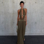 Women's Halter Cutout Backless Ruched Maxi Dress