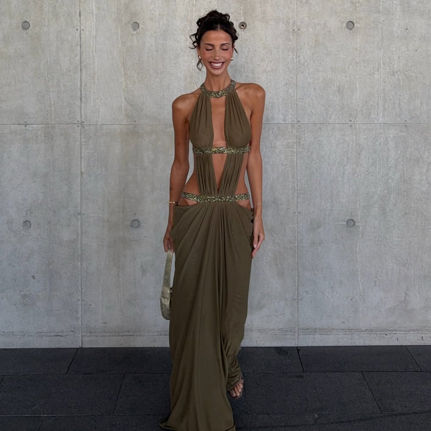 Women's Halter Cutout Backless Ruched Maxi Dress