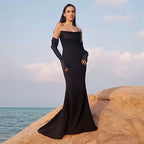 Women's Off-Shoulder Long Sleeved Dinner Dress Black Waisted Slim-Fit Stretch