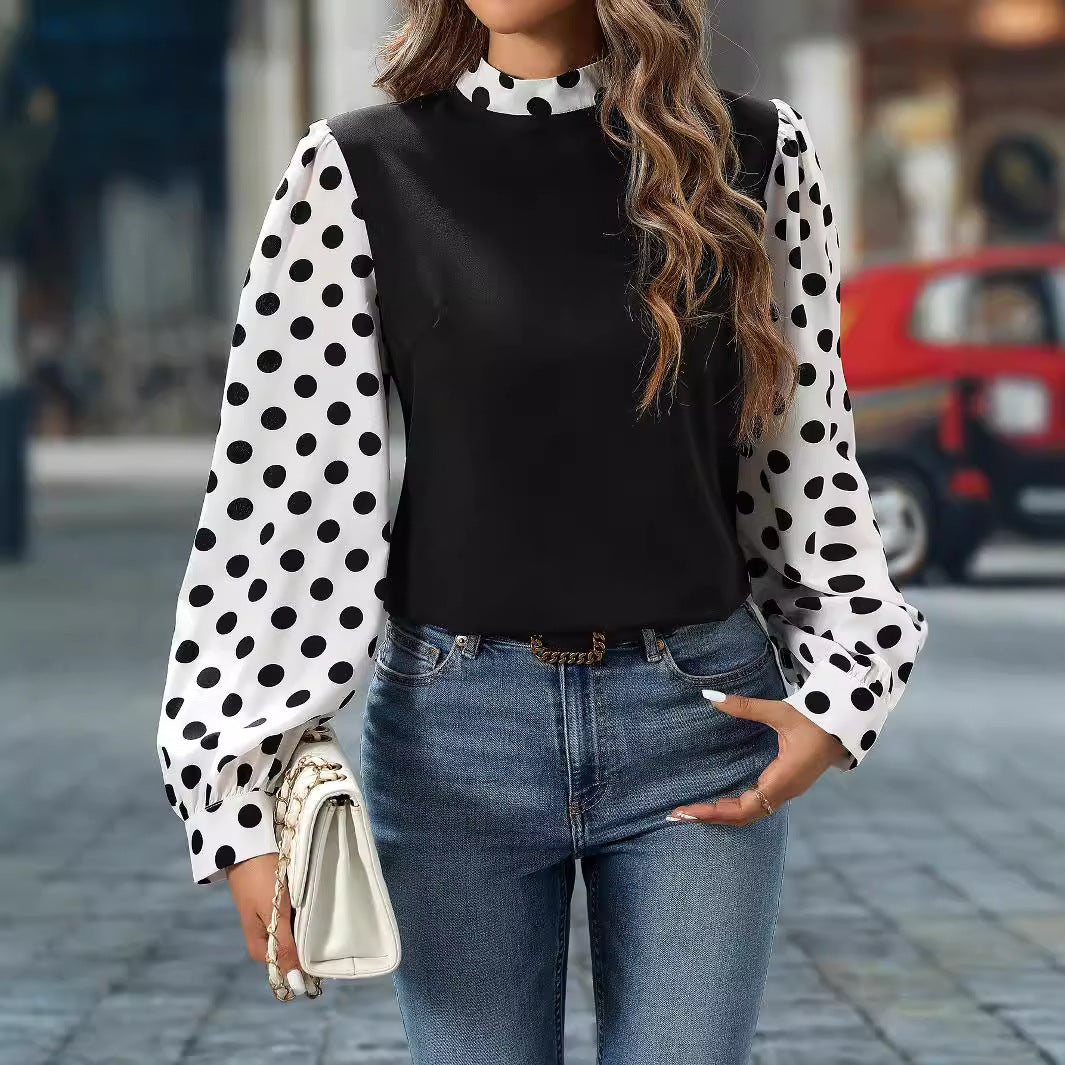 Women's Clothing Elegant Spring Autumn Polka Dot Stitching High Collar Women Shirt
