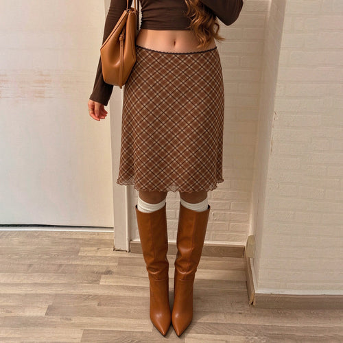 Autumn Winter Retro Brown Plaid Mesh Stitching Double Layer Design Sheath Mid Skirt