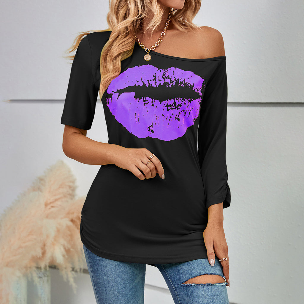 Women's T-Shirt Off Shoulder Irregular Asymmetric Sleeve Length Slim