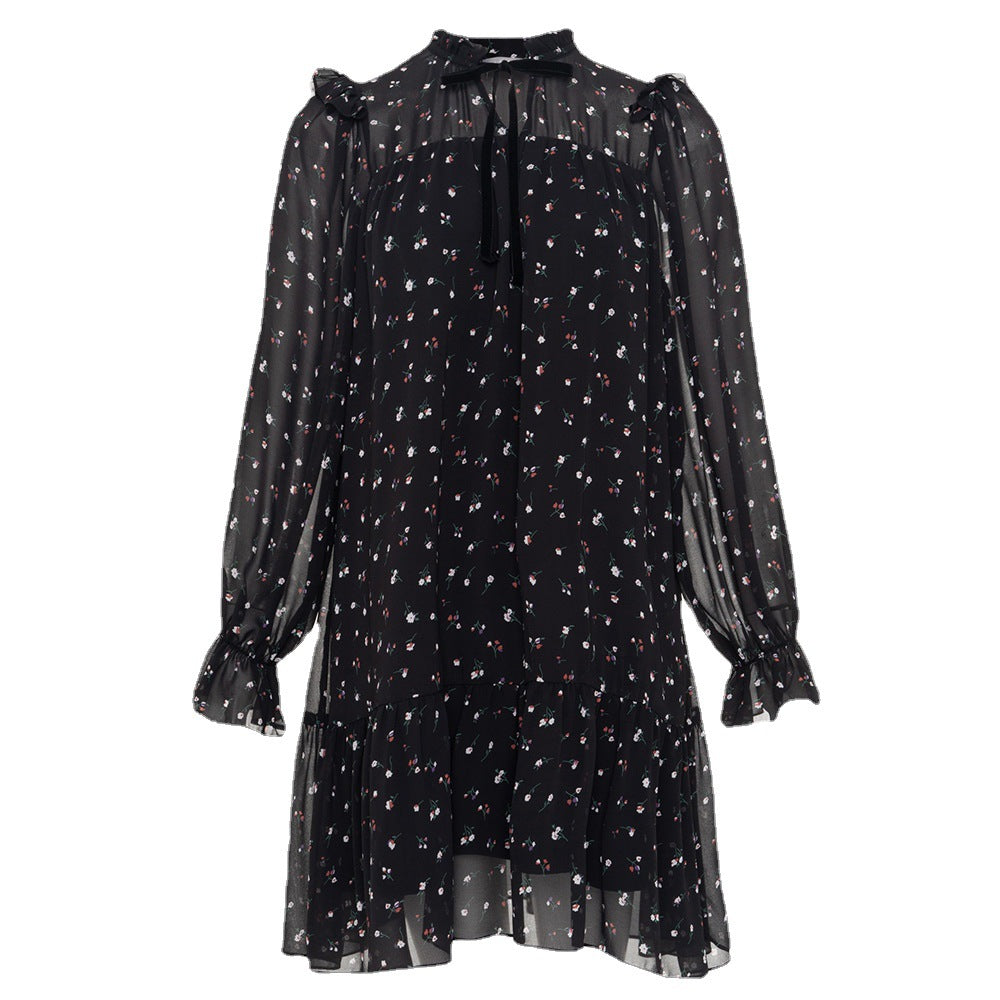 Floral Ruffled Puff-Sleeve Chiffon Dress