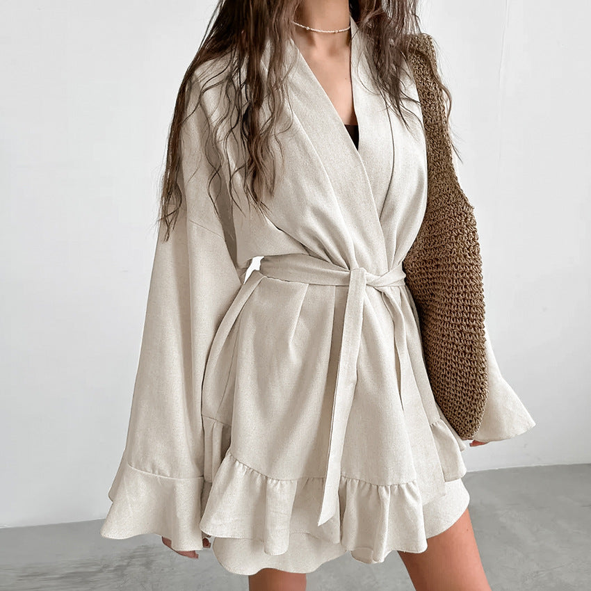 Ruffled Loose Sleeves Cardigan Lace up Top Shorts Pajamas