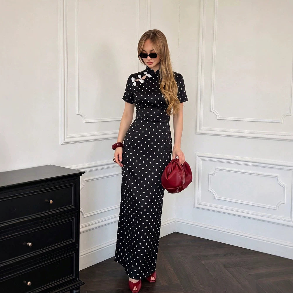 Women's Autumn Ladies Slim Chinese Polka Dot Short Sleeve Dress