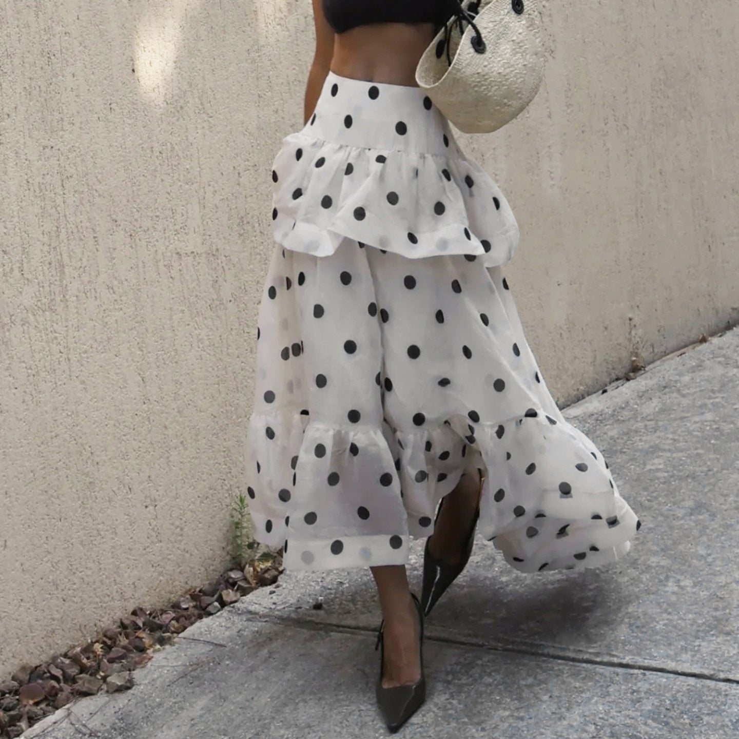 French Street Vacation Polka Dot Contrast Color Ruffled