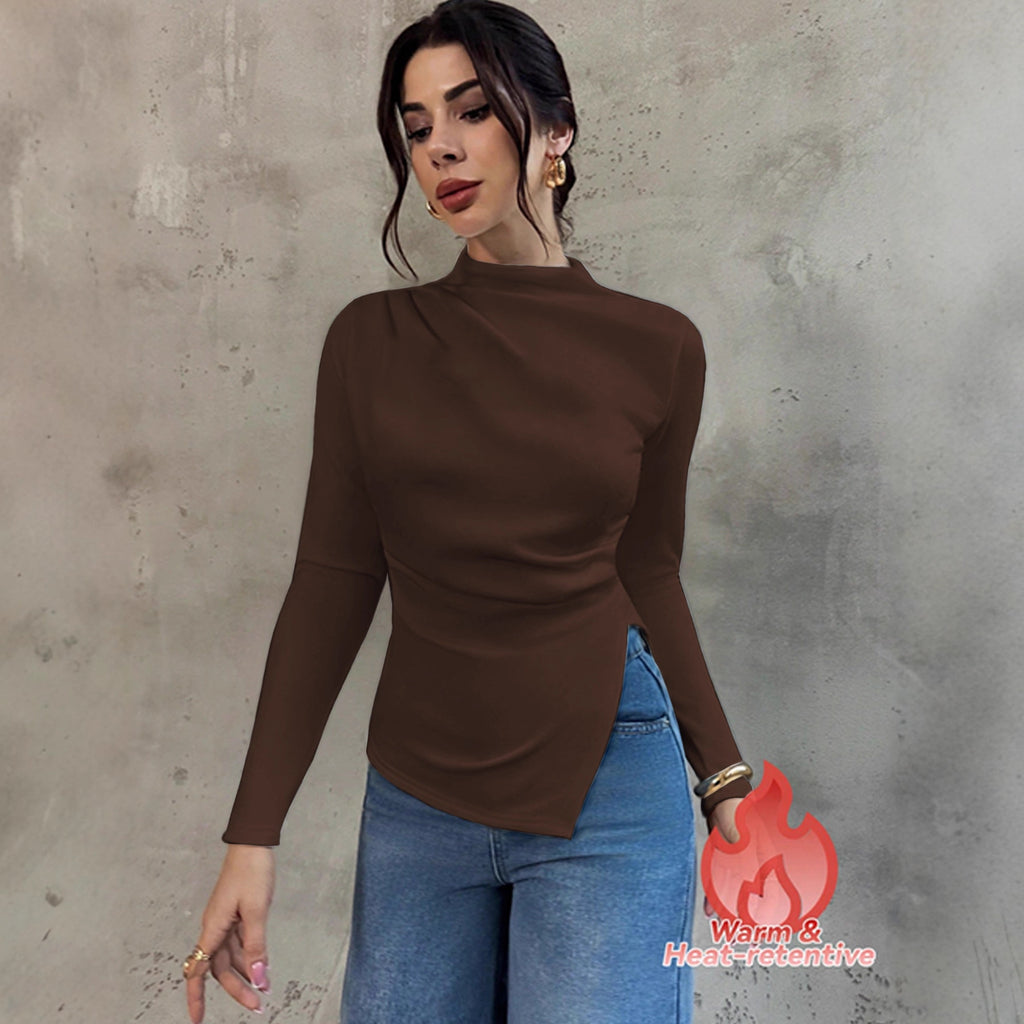 Women's Pleated Mock Neck Long Sleeve Top