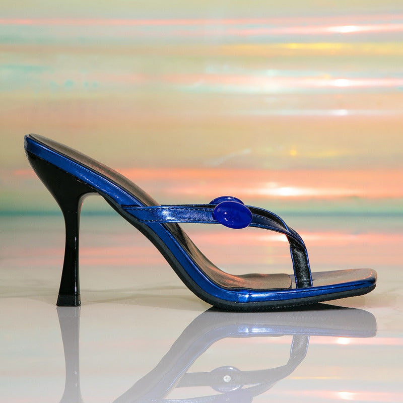 's Roman Beads Slip On Square Toe Flip Flops Stiletto High Heel Sandals For