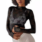 Women's Sheer Lace Mock Neck Long Sleeve Top