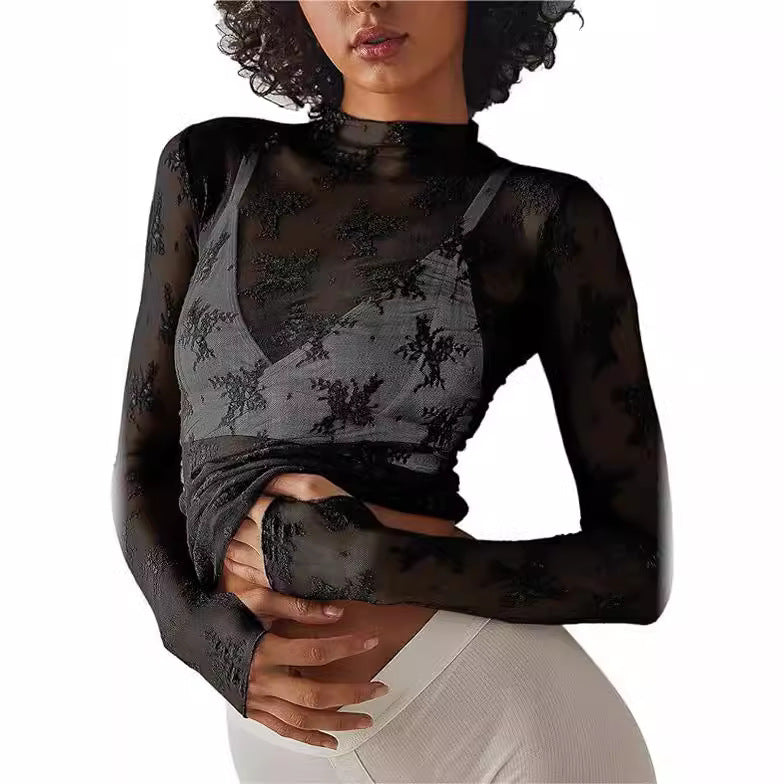 Women's Sheer Lace Mock Neck Long Sleeve Top